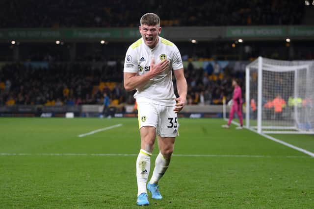 Charlie Cresswell shows passion for Leeds United as he celebrates Luke Ayling's late winner. Pic: Laurence Griffiths.