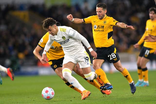 Leeds United attacker Rodrigo on the ball against Wolves. Pic: Bruce Rollinson
