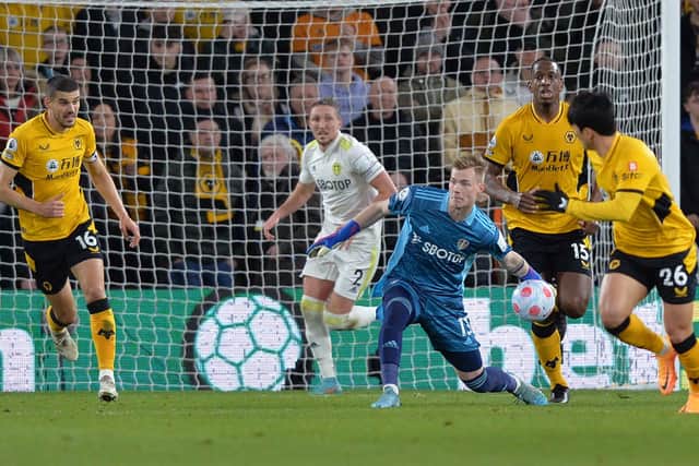 Replacement goalkeeper Kristoffer Klaesson came to Leeds United's rescue against Wolves at Molineux. Picture: Bruce Rollinson.