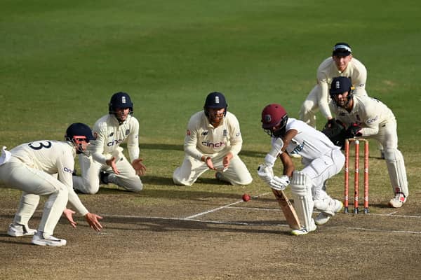NO WAy THROUGH: West Indies captain Kraigg Brathwaite bats surrounded by close England fielders during day five of the 2nd test match in Bridgetown, Barbados Picture: Gareth Copley/Getty Images
