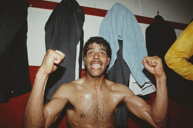 Chris Kamara celebrates in the dressing room after Leeds United gained promotion to the 1st Division vs Bournemouth in May 1990. Picture: Radders/ Allsport/Getty Images.