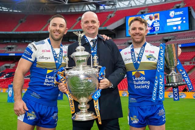 Richard Agar with the Challenge Cup in 2020 alongside Luke Gale and Richie Myler after the victory over Salford. Picture: Allan McKenzie/SWpix.com.