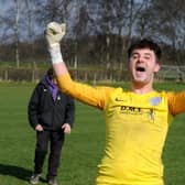 Amaranth Crossgates Athletic's penalty shootout hero goalkeeper Sam Hardy celebrates his side reaching the Mawson Cup final. Picture: Steve Riding.