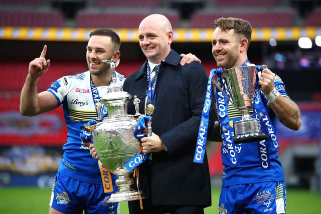 Agar, pictured with then-captain Luke Gale, left and man of the match Richie Myler, masterminded Rhinos' 2020 Challenge Cup triumph. Picture by Michael Steele/Getty Images.