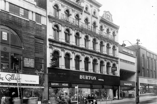 Burton's shop and Burton's Arcade on Briggate. To the left is John Collier, tailering, and to the right Freeman, Hardy, Willis, then Marks and Spencer. Burton's at this time were trading in the old Imperial Hotel building. This closed in March 1961 and was demolished and rebuilt on a new Burtons Store. Marks and Spencer is on the site of the Rialto Cinema.