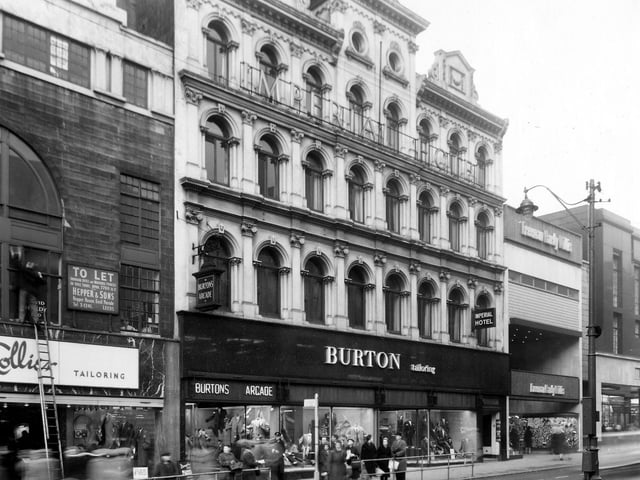 Burton's shop and Burton's Arcade on Briggate. To the left is John Collier, tailering, and to the right Freeman, Hardy, Willis, then Marks and Spencer. Burton's at this time were trading in the old Imperial Hotel building. This closed in March 1961 and was demolished and rebuilt on a new Burtons Store. Marks and Spencer is on the site of the Rialto Cinema.