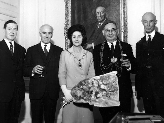 Alderman J.S. Walsh, Lord Mayor of Leeds, and Mayoress attending the official opening of the new office of the Westminster Bank on Park Row in January 1967. It occupied the site of the former Beckett's Bank, which opened in June 1867; this merged with Westminster in 1920 and continued on the site until being demolished around 1964. 