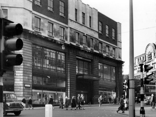 Looking along New Briggate from The Headrow. On the right is the Odeon Cinema, which is showing the film 'Inherit the Wind' starring Spencer Tracy, Fredric March and Gene Kelly, which was originally released in 1960/61. PIC: Copyright The Francis Frith Collection