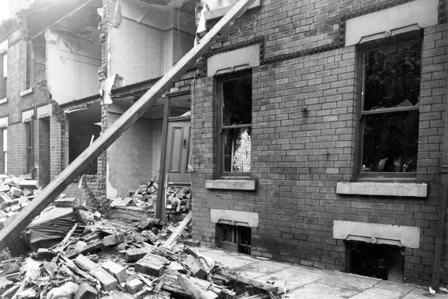 Extensive damage on to these terrace houses on Willoughby Row at Holbeck 
after an air raid. The front walls of two have been completely blown away.