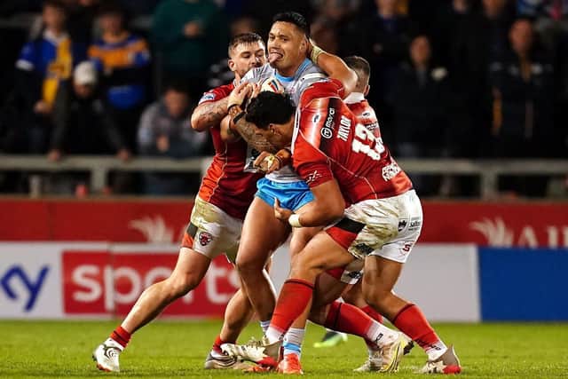 Zane Tetevano is tackled during last week's defeat at Salford. Picture by Alex Whitehead/SWpix.com.