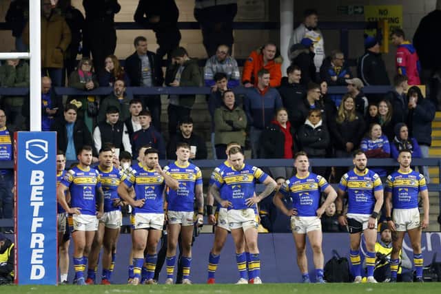 Leeds Rhinos players show their frustrations during the loss  to Hull FC – one of five league defeat this season which led to Richard Agar’s resignation yesterday. Picture: Richard Sellers/PA Wire.