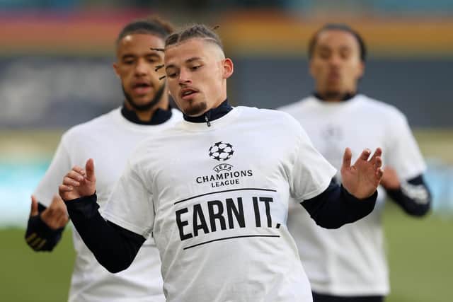 SIMPLE GESTURE - Leeds United's Kalvin Phillips sporting the t-shirt the club aimed at Liverpool and the 'big six' over the European Super League plans. Pic: Getty
