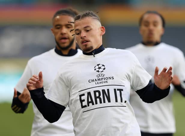 SIMPLE GESTURE - Leeds United's Kalvin Phillips sporting the t-shirt the club aimed at Liverpool and the 'big six' over the European Super League plans. Pic: Getty