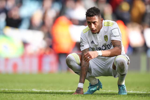 Raphinha looks dejected following Leeds United's 4-0 defeat to Tottenham Hotspur. Pic: Robbie Jay Barratt.