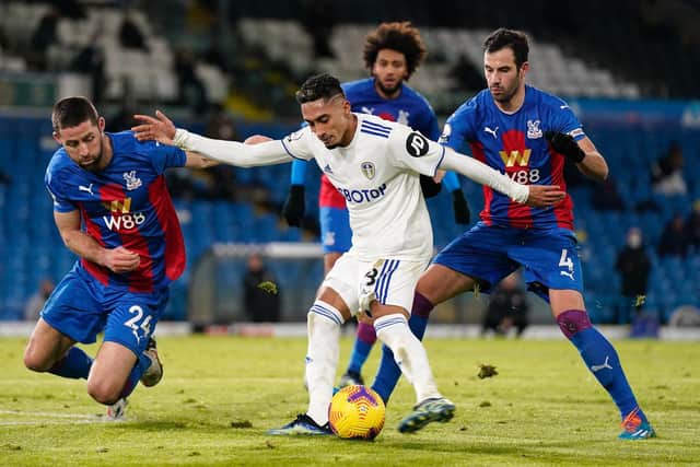 Leeds United winger Raphinha evades the Crystal Palace defence to get a shot away. Pic: Tim Keeton.