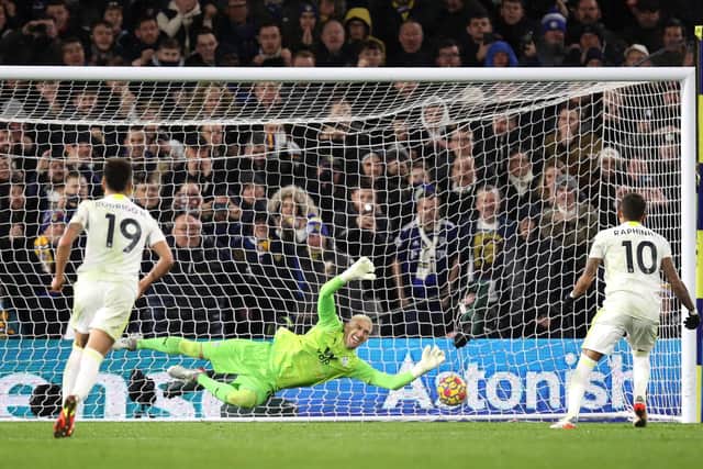Raphinha beats Vincente Guaita from the spot to give Leeds United a 1-0 win over Crystal Palace. Pic: George Wood.