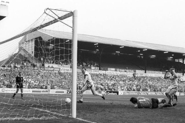 Brendan Ormsby scores the only goal of the game against Charlton Athletic during the Division 2 play-off final second leg at Elland Road in May 1987.