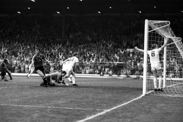 Brendan Ormsby celebrates after scoring against Charlton Athletic during the Division 2 final play-off final second leg at Elland Road in May 1987.
