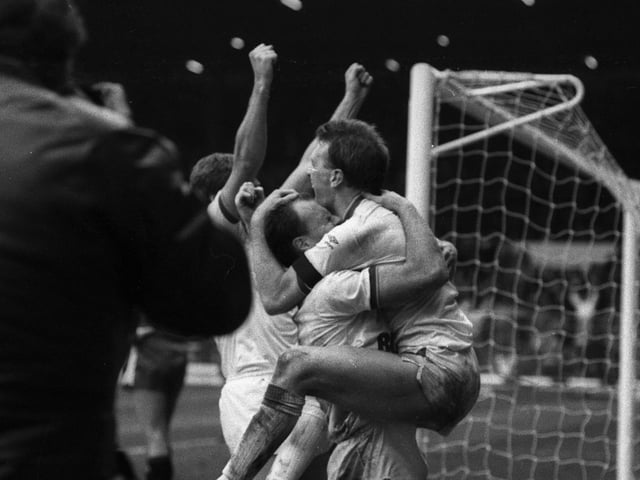 Brendan Ormsby celebrates with Andy Ritchie after scoring what proved to the winning goal against Queens Park Rangers in the FA Cup fifth round clash at Elland Road in February 1987.