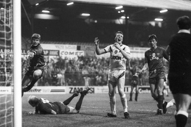 Brendan Ormsby reacts after another chance goes begging against Oldham Athletic during the League Cup second round second leg at Elland Road. The Whites were aiming to overcome a 3-2 first leg defecit.