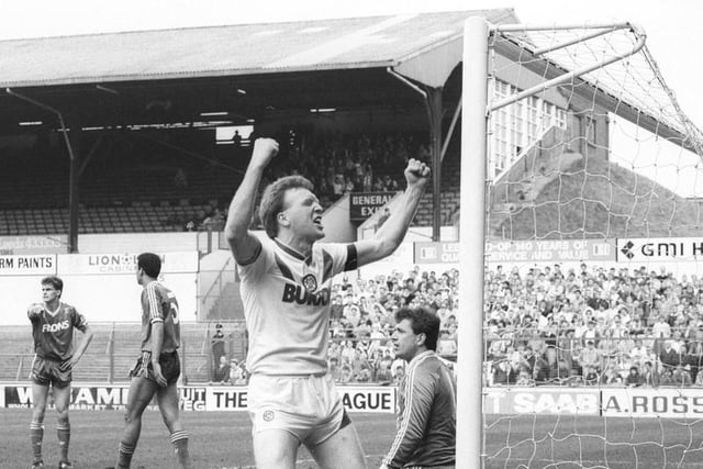 Brendan Ormsby celebrates scoring against Ipswich Town at Elland Road in April 1987.The Whites won 3-2.