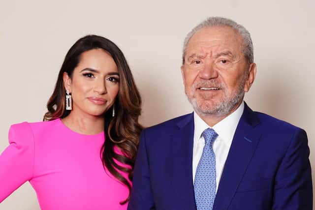 The Apprentice winner Harpreet Kaur with Lord Sugar in the boardroom of Amshold House in Loughton, Essex.