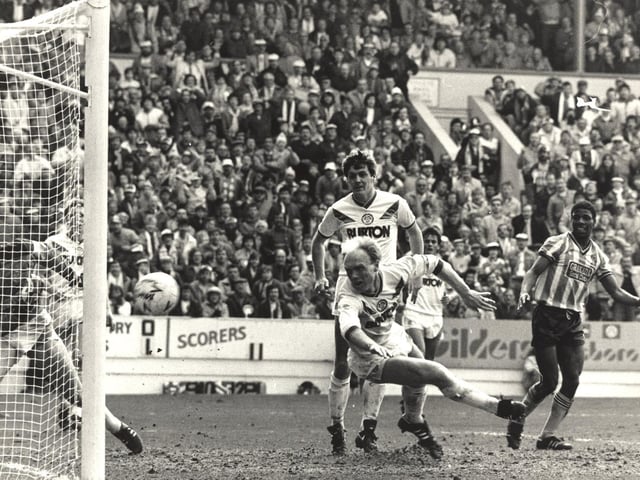 Neil Aspin and goalkeeper Mervyn Day try unsuccessfully to block a shot from Coventry City substitute Micky Gynn (out of picture).