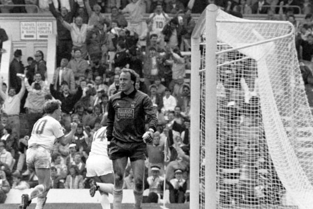 Ian Baird celebrates after Keith Edwards had equalised for Leeds United.