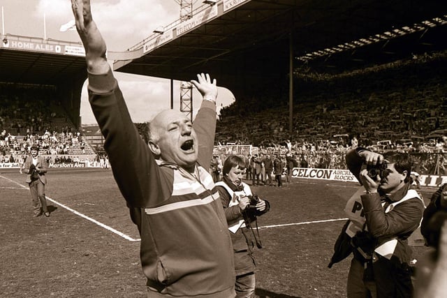 Coventry City manager John Sinnott celebrates at the final whistle.