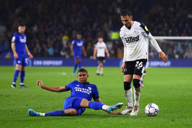 Cardiff City defender Cody Drameh puts in a challenge against Derby County. Pic: Dan Istitene.