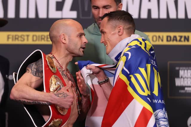 HEAD TO HEAD: Kiko Martinez and Josh Warrington go head to head at the weigh-in ahead of tonight’s IBF featherweight world title fight. Picture: Mark Robinson/Matchroom Boxing.