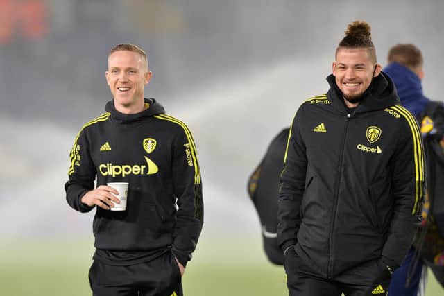 Leeds United midfielders Kalvin Phillips and Adam Forshaw. Pic: Bruce Rollinson.