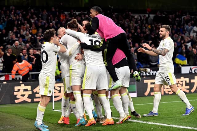 Leeds United celebrate a second win under new manager Jesse Marsch after a dramatic 3-2 victory against Wolves. Picture: Bruce Rollinson