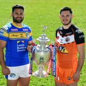 Leeds Rhinos' Rhyse Martin and Castleford Tigers' Niall Evalds with the Challenge Cup ahead of tomorrow's clash at Headingley. Picture: Jonathan Gawthorpe.