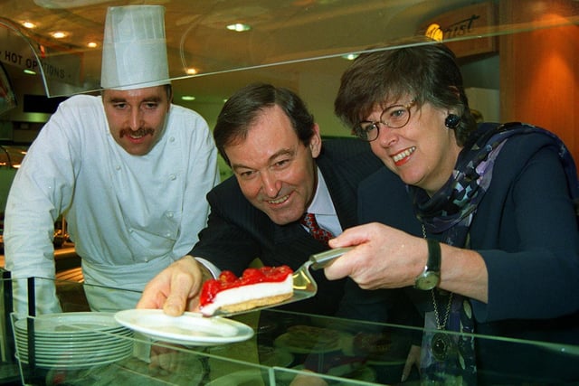 Prue Leith serves up a tasty morsel for David Hall, chairman of the United Leeds Teaching Hospitals in the restaurant which the celebrity chef opened in the new wing at the LGI. Pictured looking on is chef Michael Hawley.