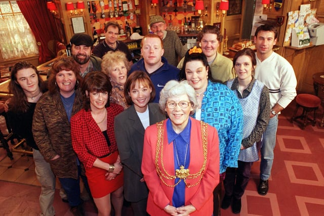 Yorkshire's best known faces, the cast of Emmerdale, pictured on set in The Woolpack, get behind the Lord Mayor of Leeds, Coun Linda Middleton, in her charity appeal for Childline.