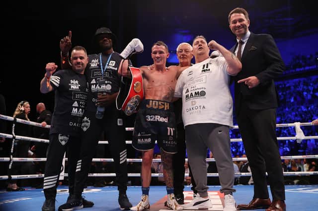 AND THE NEW: Josh Warrington, centre, with father and trainer Sean O'Hagan pictured to his left. Picture: Mark Robinson/Matchroom Boxing.