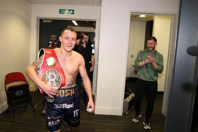 AND THE NEW: Josh Warrington heads back with his IBF title. Picture: Mark Robinson Photography/Matchroom