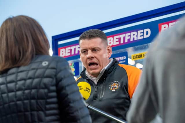 Castleford Tigers coach Lee Radford speaks to the media following his side's victory over Leeds Rhinos. Picture: Allan McKenzie/SWpix.com.