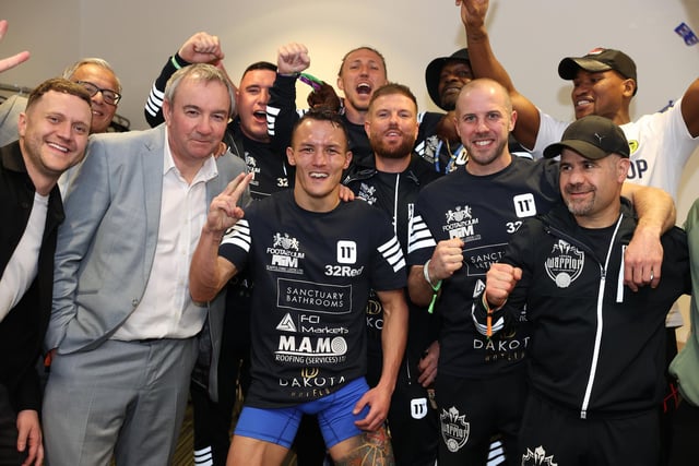Luke Ayling in the thick of it enjoying the celebrations.
Picture By Mark Robinson Matchroom Boxing.