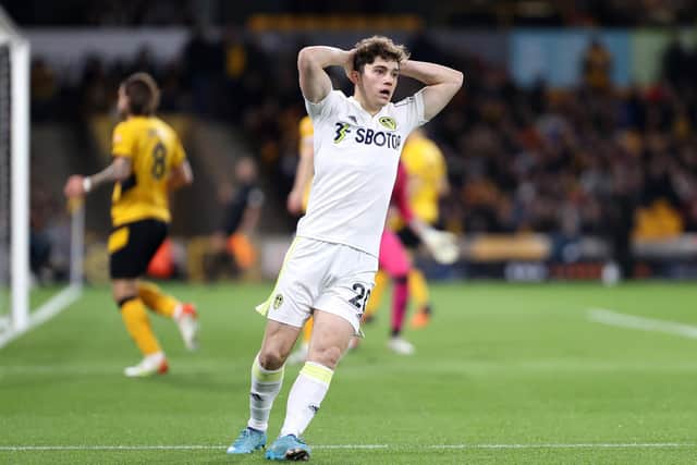 Dan James reacts to a missed chance during Leeds United's 3-2 win over Wolves. Pic: Naomi Baker.