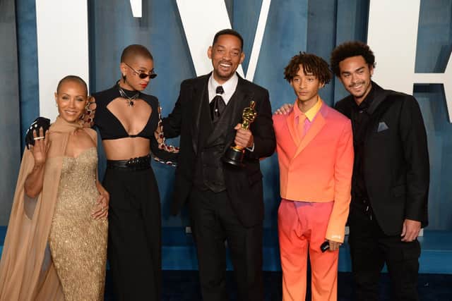 Will Smith with his sons Trey Smith and Jaden Smith, daughter Willow Smith and wife Jada Pinkett Smith attending the Vanity Fair Oscar Party held at the Wallis Annenberg Center for the Performing Arts in Beverly Hills, Los Angeles, California, USA. Picture date: Sunday March 27, 2022.