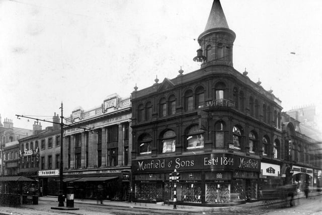 Thornton and Co. India Rubber manufacturers. This was the site of the last bow-window on Briggate, Buck and Jackson. It was demolished in 1922 and replaced by Thorntons. Designed by S.D. Kitson, the pillared frontage used Burmantofts Marmo imitation marble.