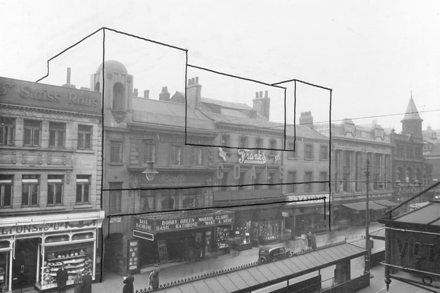 An outline around central block of buildings where Marks and Spencers will be built. Pictured, from left, is Lyons and Co, Bull and Bell Yard and the Rialto Cinema.