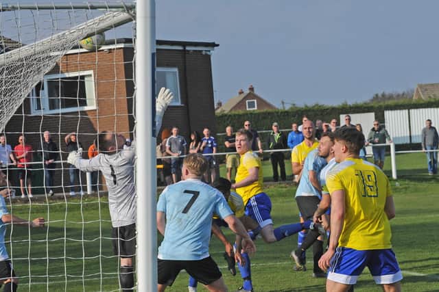 Charlie Lumley's header hits the bar for Horsforth St Margarets during their 2-1 West Yorkshire League Premier defeat at Carlton Athletic. Picture: Steve Riding.