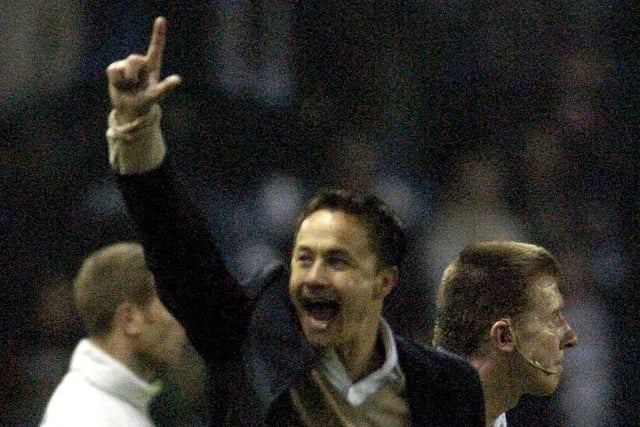 Leeds United manager Dennis Wise celebrates at full-time.