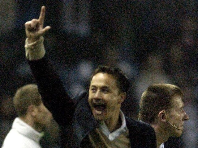 Leeds United manager Dennis Wise celebrates at full-time.
