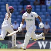 Easy does it: West Indies' captain Kraigg Brathwaite, left, celebrates the winning run, in partnership with John Campbell. (AP Photo/Ricardo Mazalan)