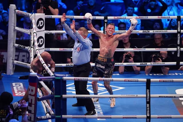 WINNING MOMENT: The referee stopped the fight in round seven. Picture: Mark Robinson/Matchroom Boxing.
