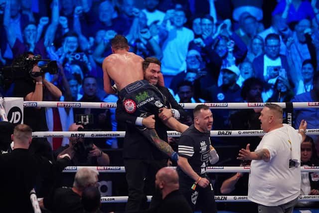 PURE JOY: Josh Warrington celebrates with Eddie Hearn. Picture: Dave Thompson/Matchroom Boxing.